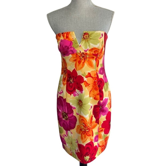 David Meister Floral Strapless Embellished 100% Silk Cocktail Dress Sz 4 - Picture 2 of 15